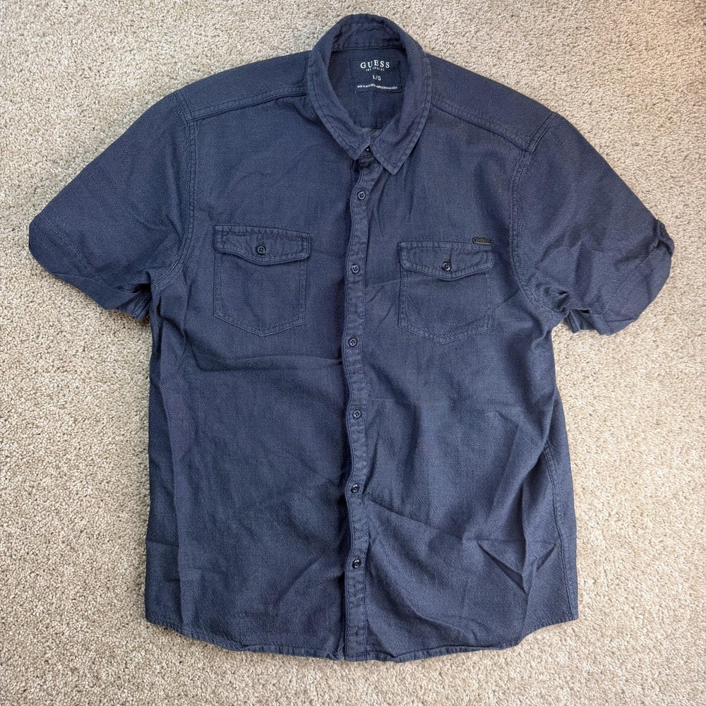 Guess Shirt Mens Large Blue Polka Dot Short Sleeve Button Up Casual Pockets
